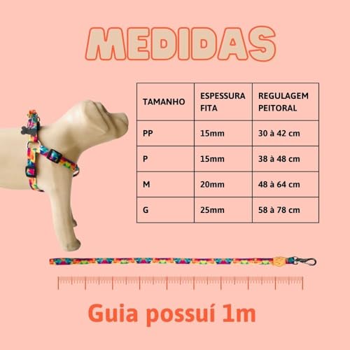 Conjunto Peitoral Coleira com Guia para Cachorros com Pingente para Identificação P, Tamanho Ajustáv