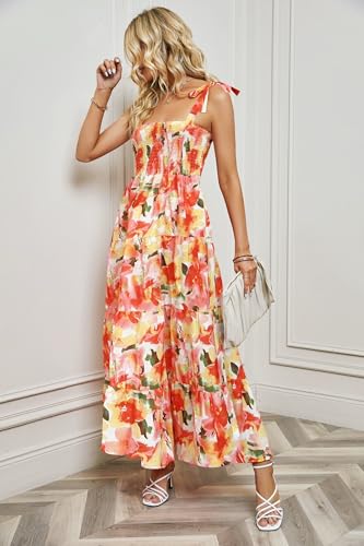 Image of kinstell Women's Summer Boho Spaghetti Strap Square Neck Ruffle Casual Flowy Long Dress Beach Swing Party Maxi Dress