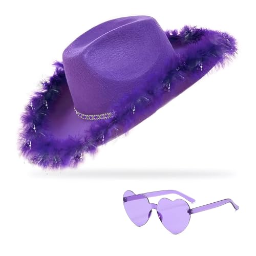 YBHOMINE Cowboy Hat with Heart Sunglasses - Cowgirl Hat with Feather Boa Brim for Women&Men,Bachelorette Party Halloween (Purple)