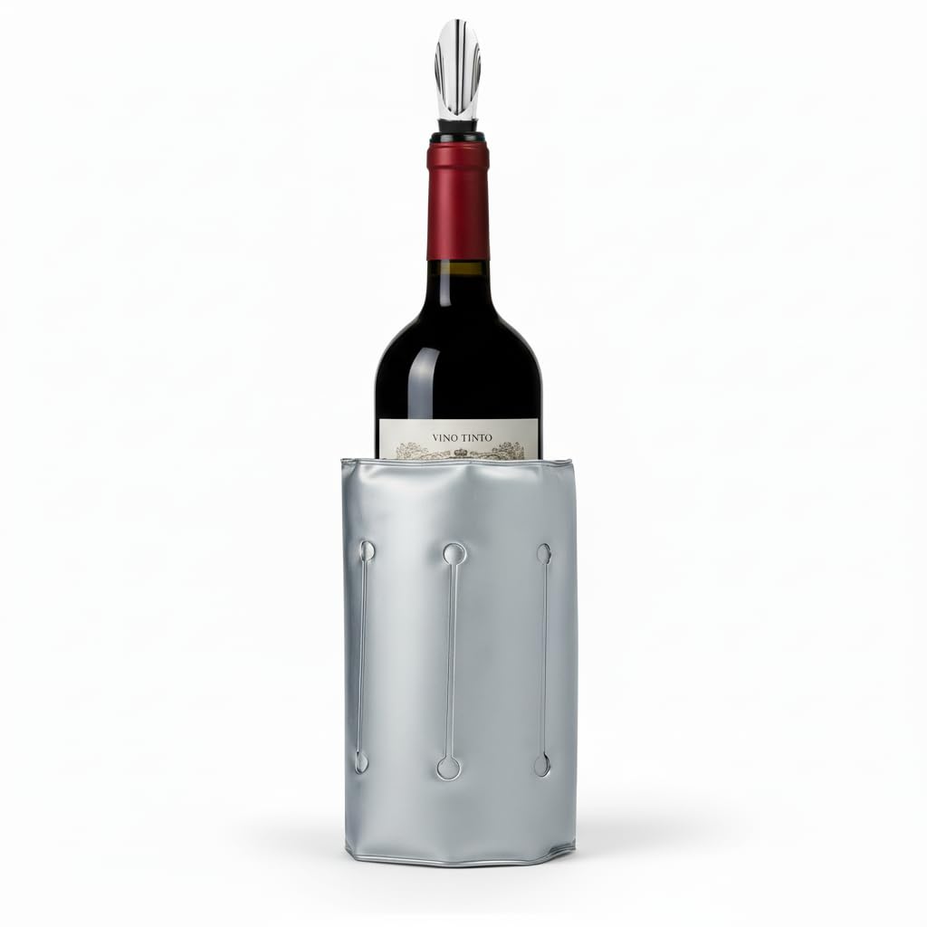 Enfriador de Botellas de Vino Gris con Cierre de Velcro | Incluye Escanciador Antigoteo Acero Inoxidable | Regalos Originales para Hombre | Accesorios para Vino | Ideal Champagne, Cava y Blanco