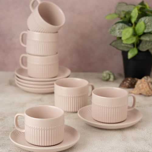 Image of Clay Craft Fine Ceramic Crimson Ivory Cups & Saucer, Set of 12, Cups for Tea & Coffee, Gift Set, Elegant Design for Home and Kitchen and Can Be Gifted to Your Loved Ones On Any Occassions