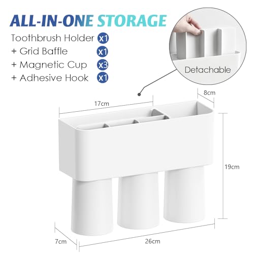 Ateweita Zahnbürstenhalter Ohne Bohren, Zahnputzbecherhalter Wand, Zahnputzbecher Magnetisch mit Halterung, Toothbrush Holder Without Drilling für Badezimmer Organizer (1, Weiß, 26 * 19cm) 5