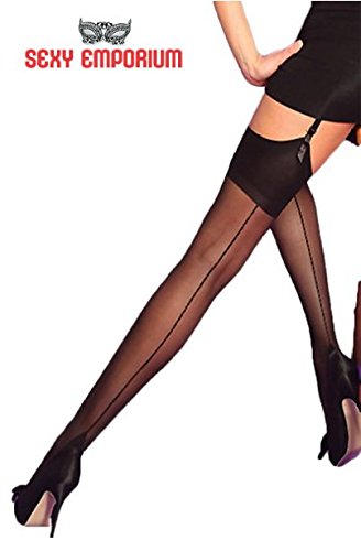 Silky Suspender Stockings Sheer Back Seam Cuban Heel Plus Size 8 - 18 (Large, Black/Black Seam)
