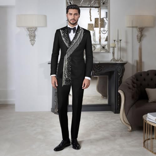 Men's 2 Pieces Suit Black Tuxedo with Rhinestone Slim Fit Peaked Lapel Double Breasted Jacket Pant for Party4