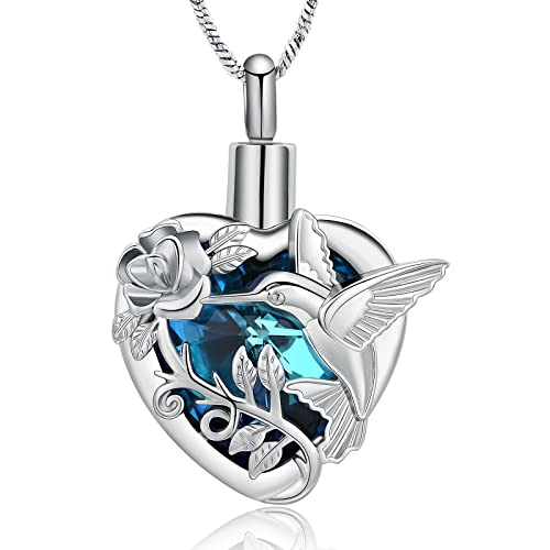 Yinplsmemory Hummingbird Urn Necklace for Ashes for Women Stainless Steel with Blue Heart Crystal Cremation Jewelry for Human/Pet Ashes