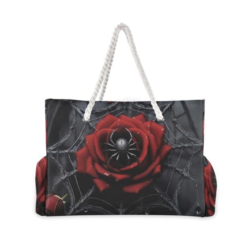 Large Tote Bag for Travel Beach Pool Gym-Red Rose Web Gothic Print with Waterproof Pocket Shoulder Bag 20.5 X 7.3 X 15 inch2