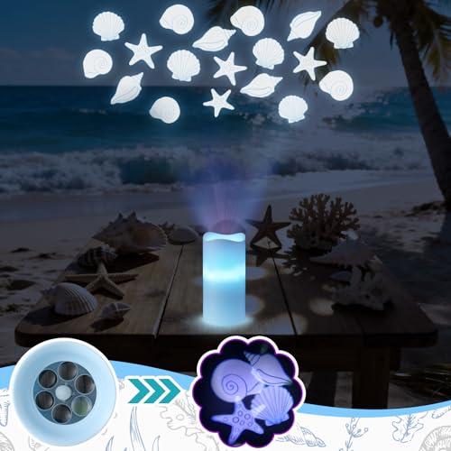 Image of Coastal Ocean Flameless Candle Projector Light Decor Summer Seashell LED Candle Battery Operated Night Light with Remote Timer for Wedding Seaside Beach Coastal Bachelorette Birthday Room Decoration