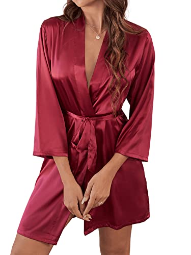SheIn Peignoir de bain en satin pour femme - Robe courte avec ceinture - Chemise de nuit pour mariée - Avec ceinture, bordeaux, S