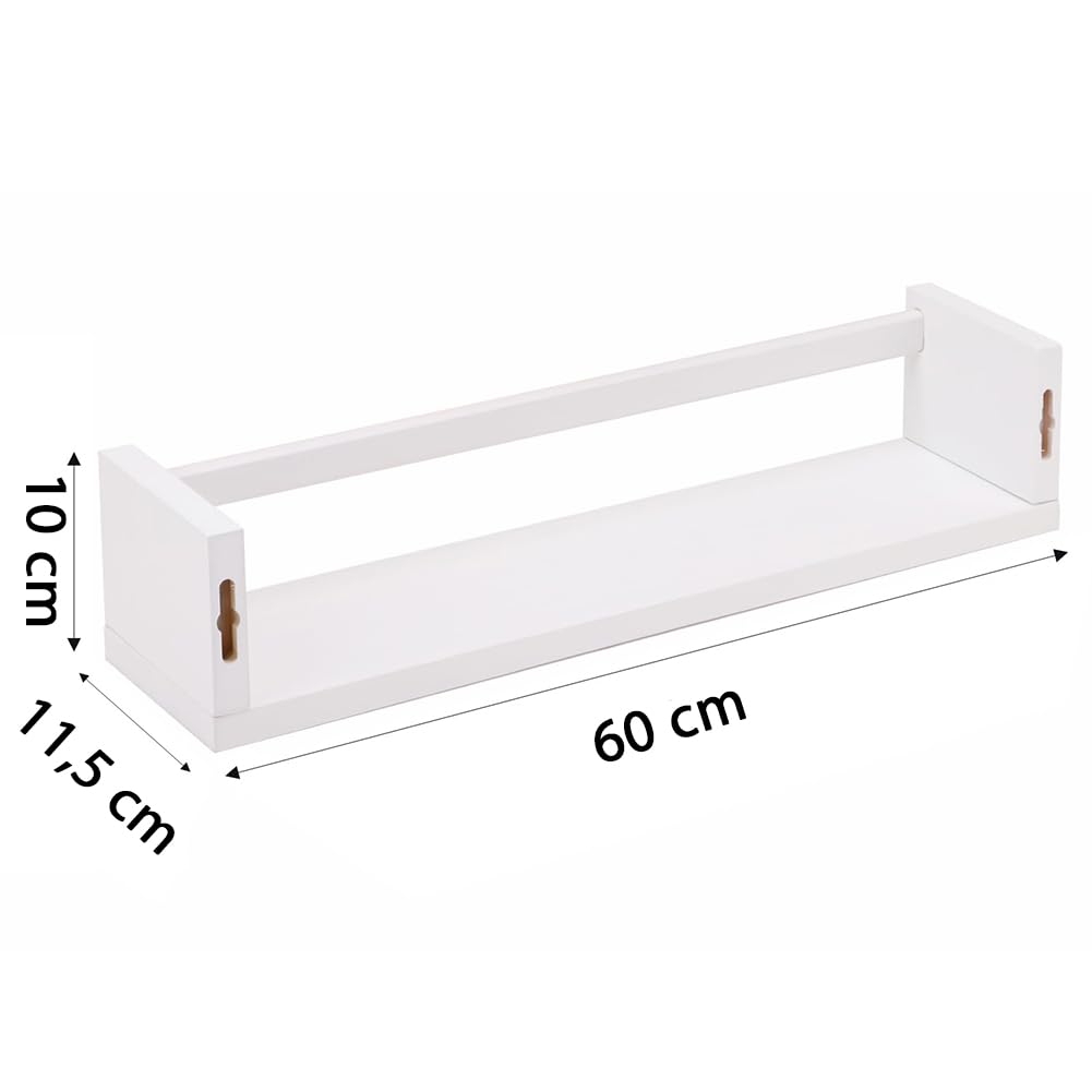 BAKAJI Set 3 Mensole da Parete in Legno, Scaffali a Muro Multiuso e Barra di Protezione Oggetti, Scaffalatura per Camera da Letto, Soggiorno, Cucina, Bagno, Libreria Salvaspazio 3 x 60 cm (Bianco)