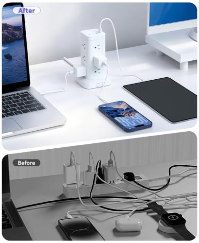 Tower Power Strip with PD 30W Fast-Charging Port, 12 Outlets, 4 USB Ports (2 USB-C), 1800J Surge Protector, Charging Station for Multiple Devices,10FT Extension Cord, White, Home Office Essentials - image 5