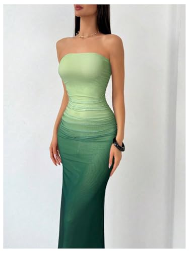 Image of GORGLITTER Women's Sunset Ombre Strapless Cocktail Bridal Shower Midi Dress | Orange Wedding Guest Dress, Mesh Tube Dress, Bridesmaid Dresses, Vacation Beach Sundresses,