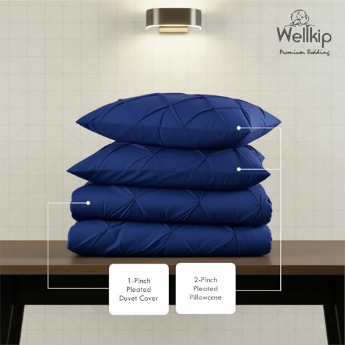 Image of Pinch Pleated Duvet Cover Set 1000TC 100% Cotton Premium 3-Pieces 1-Duvet Cover & 2-Pillow Cover Luxury Look Home and Hotel Zipper & 8-Tie Closure (Royal Blue, Single 60 X 90 Inch)