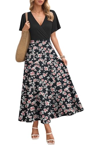 AUSELILY Boho Kleid Damen Lang Bodenlang Hohe Taille Lässiges Lockeres Sommerkleid mit Taschen Schwarz Rot Blume 2XL 1