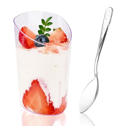 Hiasobre 50 Pack Plastic Dessert Cups with Spoons 3 oz Clear Mini Parfait Appetizer Cups Reusable Slanted Triangle Shooter Serving bowls for Tasting Small Dessert Shot Glasses