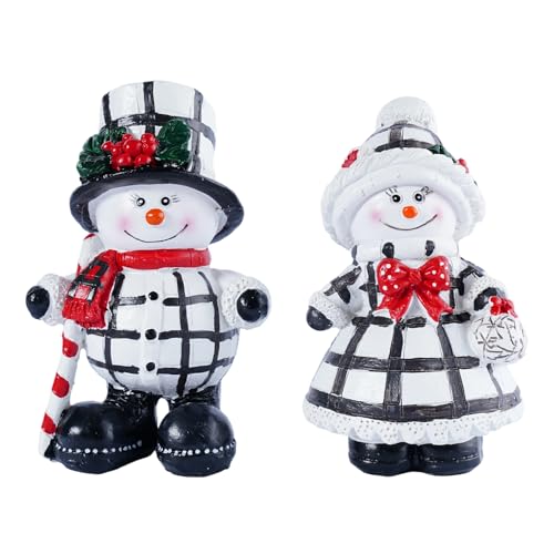 Brizoria Snowman Figurines Set of 2 Black and White Plaid Christmas Decorations Indoor Resin Winter Decorations for Home Holiday Decor for Room Table Mantel Fireplace Centerpiece Gift