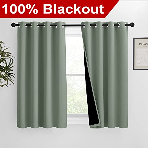 Image of NICETOWN 100% Blackout Curtains 54 inches Long, Double-Deck Completely Blackout Window Treatment Thermal Insulated Lined Drapes for Small Window (Greyish Green, 1 Pair, 46 inches Width Each Panel)