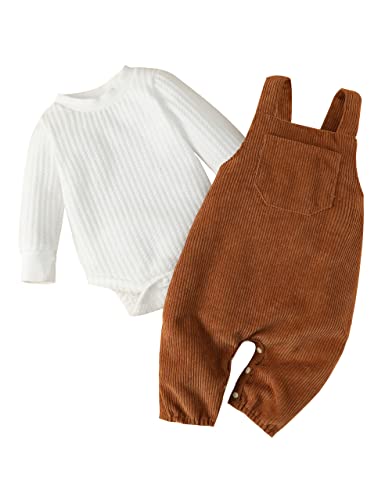 Image of FRLOONY Newborn Baby Girl Clothes Solid Ribbed Long Sleeve Romper + Corduroy Overalls Pants Set Infant Girls Outfits 2Pcs