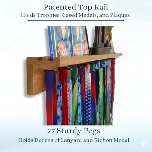 Image of MedalAwardsRack 3ft- Ultimate Medal Hanger Display and Trophy Shelf - Multi-Sport Trophy and Medal Holder for Medal Display, Plaques, Pictures, Trophies and more. Solid Wood - Large 36 inch - Walnut