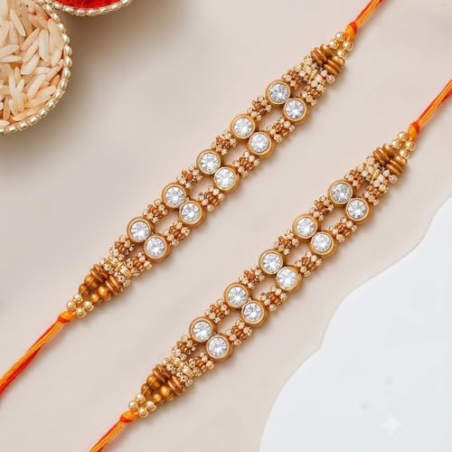 Image of Peora Rakhshabandhan Thread Rakhi for Brother Bhaiya | Kundan Beads & Crystal Studded | Combo Set of 2 | Rakhi Hamper Roli Chawal & Greeting Card
