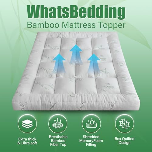 Image of WhatsBedding 5 Inch Memory Foam Mattress Topper Queen Size for Back Pain, Cooling Bamboo Viscose Air Layer, Supportive Pillow Top Mattress Topper