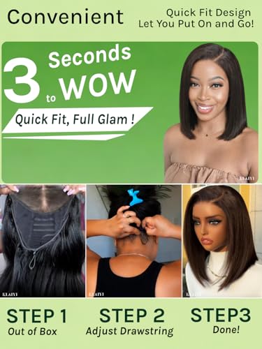 KLAIYI Bye Bye Slip™ Glueless Dark Chocolate Brown Side Part Yaki Straight Bob Wig Human Hair Ombre Precut 7x5Lace Front Wig Drawstring Blunt Cut Pre Plucked Bleached Knots Ready to Wear Go Wig 14Inch - Image 5