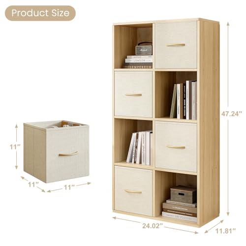 EXPERLAM-8-Cube-Storage-Organizer-Solid-Wood-Bookshelf-with-4-Storage-Bins-Cube-Shelf-with-2-Removable-Back-Panels-Vertical-or-Horizontal-Bookcase-Open-Book-Shelf-for-Bedroom-Living-Room-Office