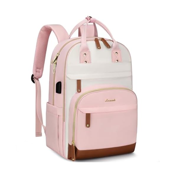 LOVEVOOK Laptop Backpack for Women,15.6inch Professional Women Travel Backpack Purse Anti-theft Laptop Computer Bag,Fashion Warterproof Work Business College Teacher Backpack Daypack,Pink - beige