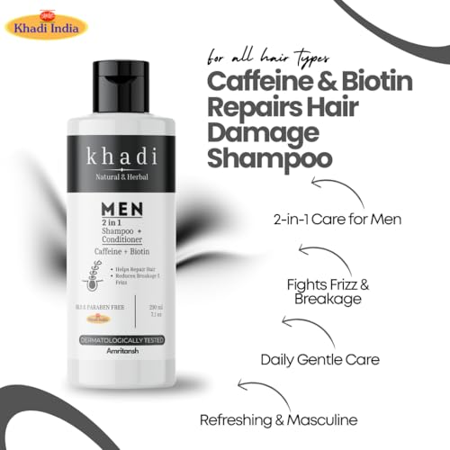 Image of Khadi Natural MEN 2-in-1 Shampoo + Conditioner | With Caffeine & Biotin | Repairs Hair Damage | Reduces Hair Breakage & Frizz | Sulfate & Paraben Free | 210 ml