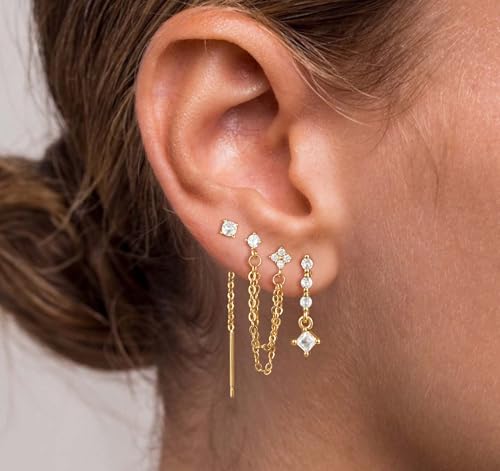 Moodear Gold Dangle Earrings 3/4 Pairs Dainty 14K Gold Plated Chain Earrings for Women Trendy Earring Stacks Set Cubic Zirconia Pearl Hoop Stud Hypoallergenic Earrings for Women Jewelry Gifts2
