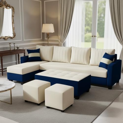 Image of FURNY Avenue 8 Seater Fabric LHS L Shape Sofa Set with 1 Centre Table & 2 Puffy (Cream-Dark Blue) Premium Velvet Finish