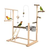 Vogel Spielplatz, Holz Wellensittich Spielplatz mit Edelstahl Futterbehälter Papagei Vogelspielplatz für Nymphensittich Papageien Wellensittiche 49x35,5x23 cm