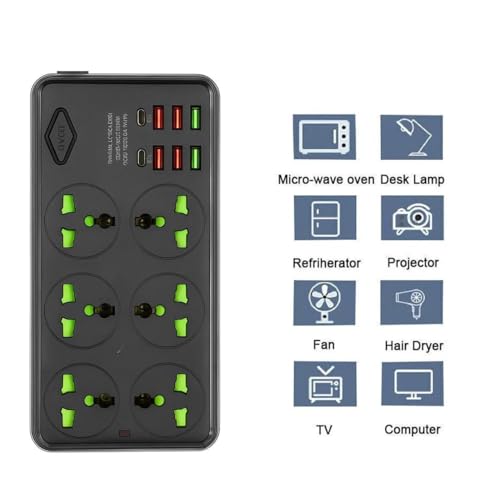 Image of Extension Board, Power Strip with 6 USB Ports and 3 Universal Socket, 2500W 10A Extension Cord, 3-Pin Surge Protector Power Strip for Home, Office, Computer, Mobile Charging (Black-Z69)