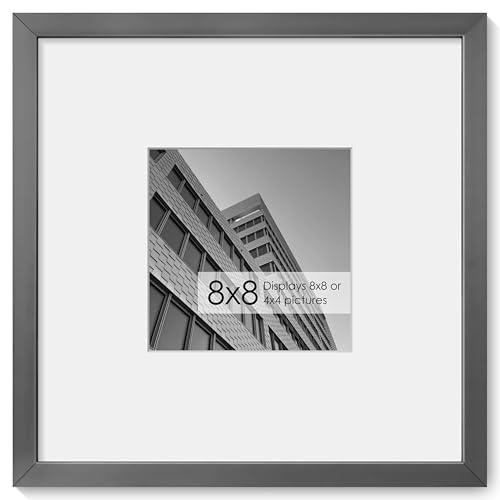 Fun Memories 8x8 Aluminum Picture Frame, Premium Square Photo Frames with Mat for 4x4 or Without Mat for 8 x 8, Simple and Elegant Decor for Wall Mounting, Grey, 1 Pack