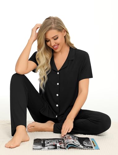 Image of SWOMOG Women Pajama Sets Two-Piece Nightwear Short Sleeve Sleepwear Button Down Pj Lounge Sets with Long Pants