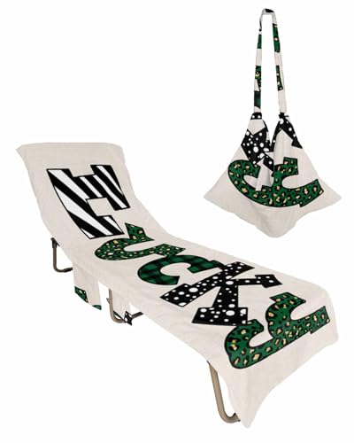 St. Patrick's Day Beach Lounge Chair Towel Cover, Soft Chaise Lounge Towel with Side Pockets Patio Pool Chairs Cover for Beach/Pool Sunbathing 29x85 Lucky Clovers Green Rustic