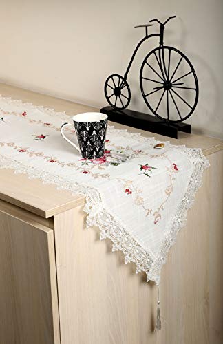 Image of MONKDECOR (O.F) Cut Work Cross-Stitch Embroidery Dining Table Runner (Size-15x70 Inches)- White & Pink Color