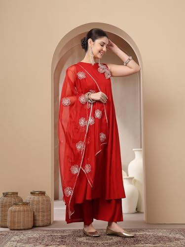 Image of Stylum Women's Solid & Embellished Rayon Flared Kurta Palazzo Dupatta Set