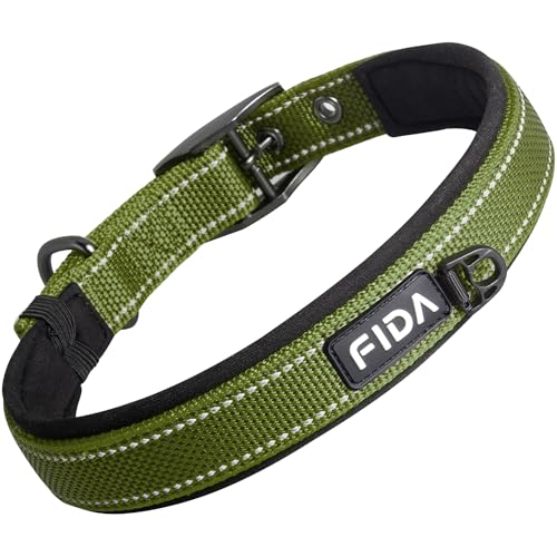 Image of Fida Padded Collar with Metal Buckle, Double-Layer Webbing, Heavy Duty for Medium Dogs, Green