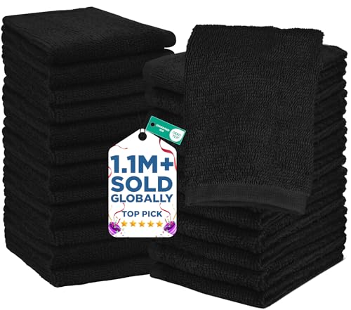 DAN RIVER 24 Pack Wash Cloths for Showering [12x12] - 100% Cotton Washcloths Premium Quality Flannel Face Cloths for Bathroom, Highly Absorbent and Soft Feel Wash Clothes, Black
