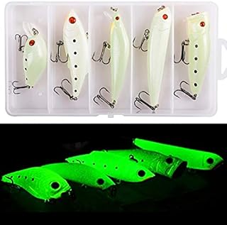 SILANON Glow Fishing Lures Bait Kit- 5pcs Luminous Minnow Crankbait VIB Popper Pencil Night Artificial Fishing Lures with Treble Hooks Tackle Box for Bass Saltwater Freshwater