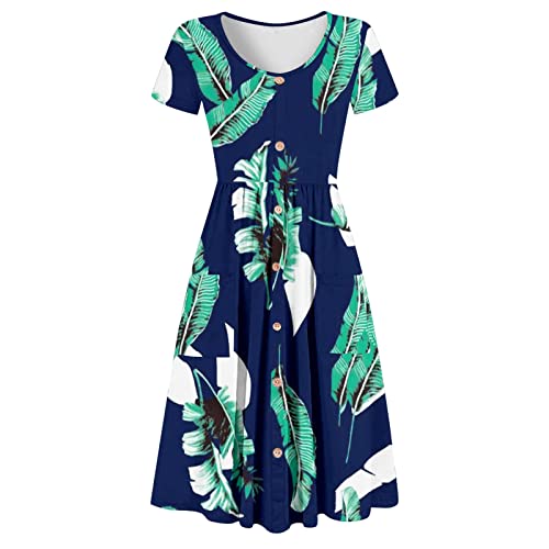 Vestido feminino de verão boêmio, manga curta, com botões, comprimento no joelho, com bolsos, vestid