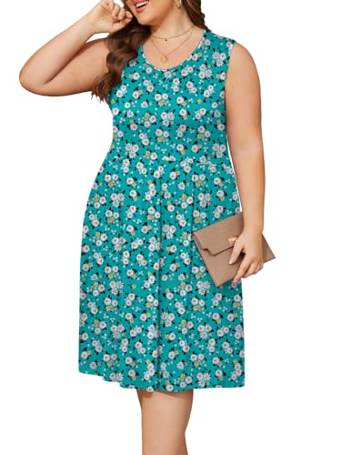 Image of DB MOON Womens 2026 Plus Size Tank Dresses Sleeveless Knee Length Sundress with Pockets 4XL Turquoise Floral