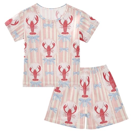 Blue Bow Lobster Pajama Set, Short Sleeve Cotton Sleepwear Nightwear