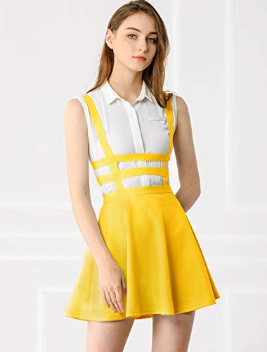 Allegra K Women's Pleated Overall A-Line Elastic Waist Kawaii Braces Suspender Skirt Large Yellow #TOP1