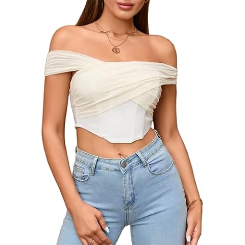 MOALLUOM Womens Off Shoulder Criss Cross Ruched Crop Top Asymmetrical Hem Wrap Sexy Boned Bustier Corset Tops (X-Small, Beige) Cover