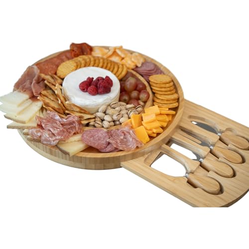 Charcuterie Board with Knives. Round Cheese Board and Charcuterie Board Set. Perfect Charcuterie Gift Set, Housewarming, or Entertaining. Elegant Wooden Cheese Board for Cheese Lovers.