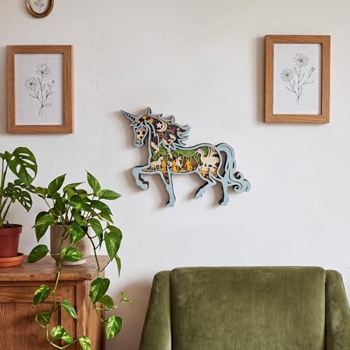 Image of 3D Wooden Unicorn Decor - Multi-Layer Carved Enchanted Forest & Castle Animal Figurine, Fantasy Room Decor & Nursery Wall Art, Unique Mythical Creature Gifts for Girls, Kids and Women