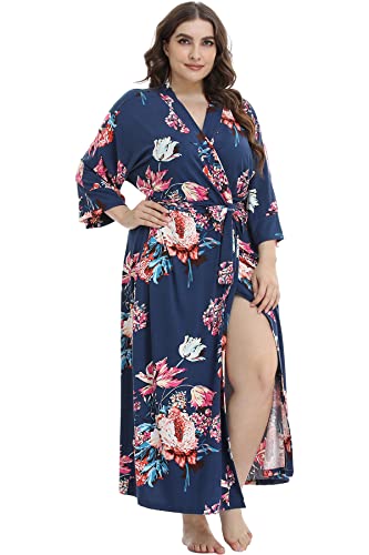 Image of Women's Plus Size Robes Floral Long Kimono Bathrobe Soft Sleepwear Maternity Nightgown Knit Wrap Loungewear