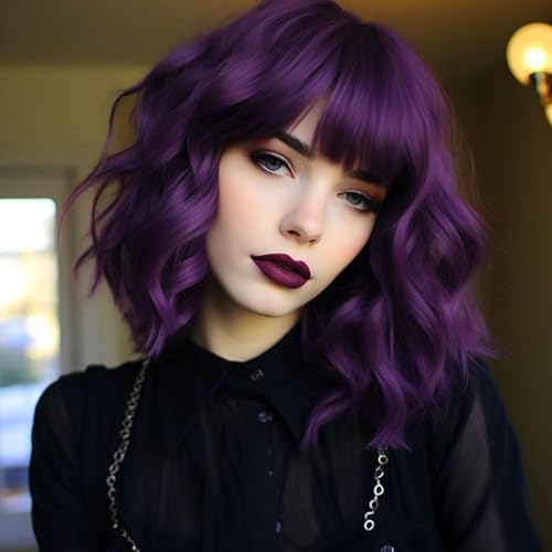 Colorfulpanda Short Bob Dark Purple Wigs for Women Shoulder Length Wavy Curly Wig with Fringe Natural Synthetic Heat Resistant Hair Wig Daily Party wig 14 Inch
