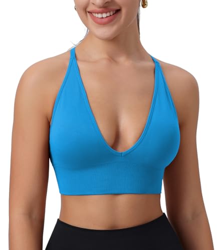 Image of Deep V-Neck Adjustable Women's Sports Bra | Wireless Longline Strappy Criss Cross Padded Spaghetti Straps Light Impact Workout Yoga Crop Top